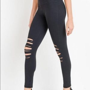 MONA B High Waisted Shredded Knee Laser-Cut Leggings